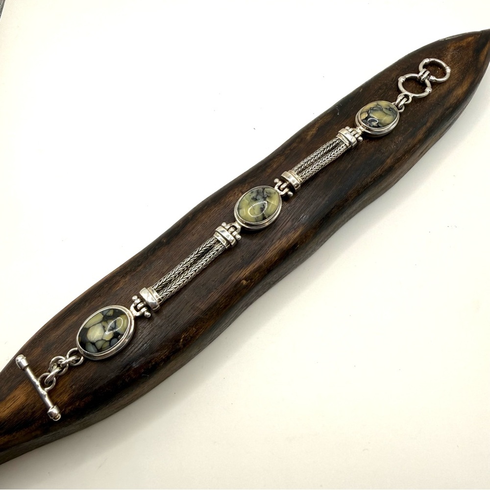 Sarda Sterling Silver Green Marble Gemstone Bracelet‎ 925 Luxury 7 Inches